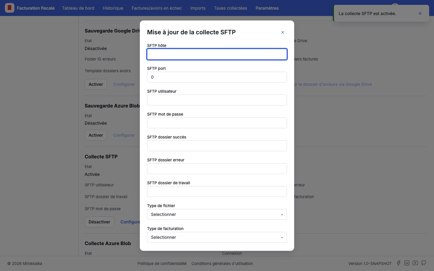La configuration de la collecte SFTP
