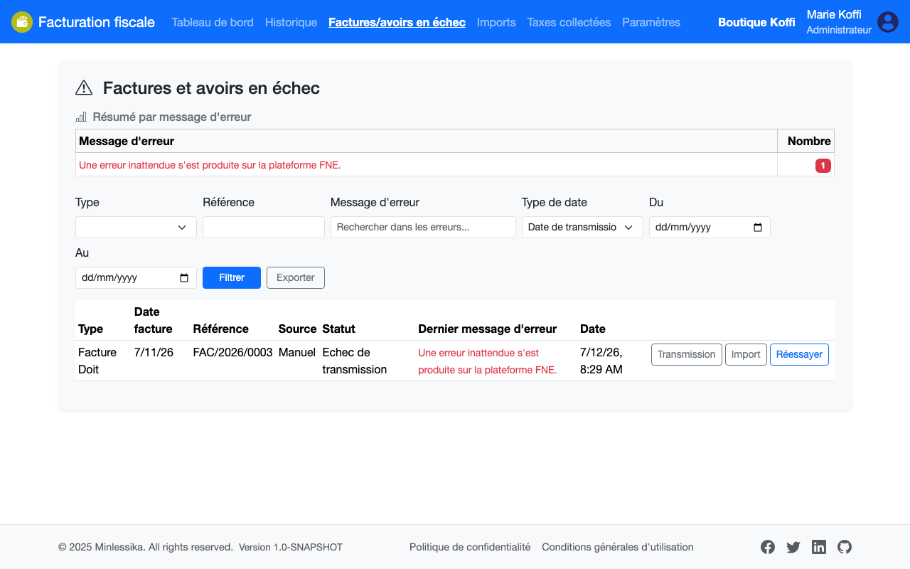 Factures et avoirs en échec, avec le dernier message d'erreur
