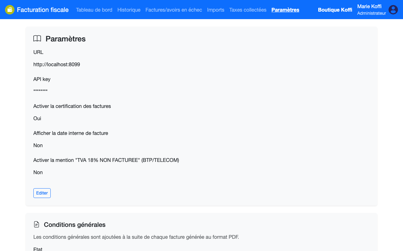 Paramètres : l'interface FNE configurée et la certification activée