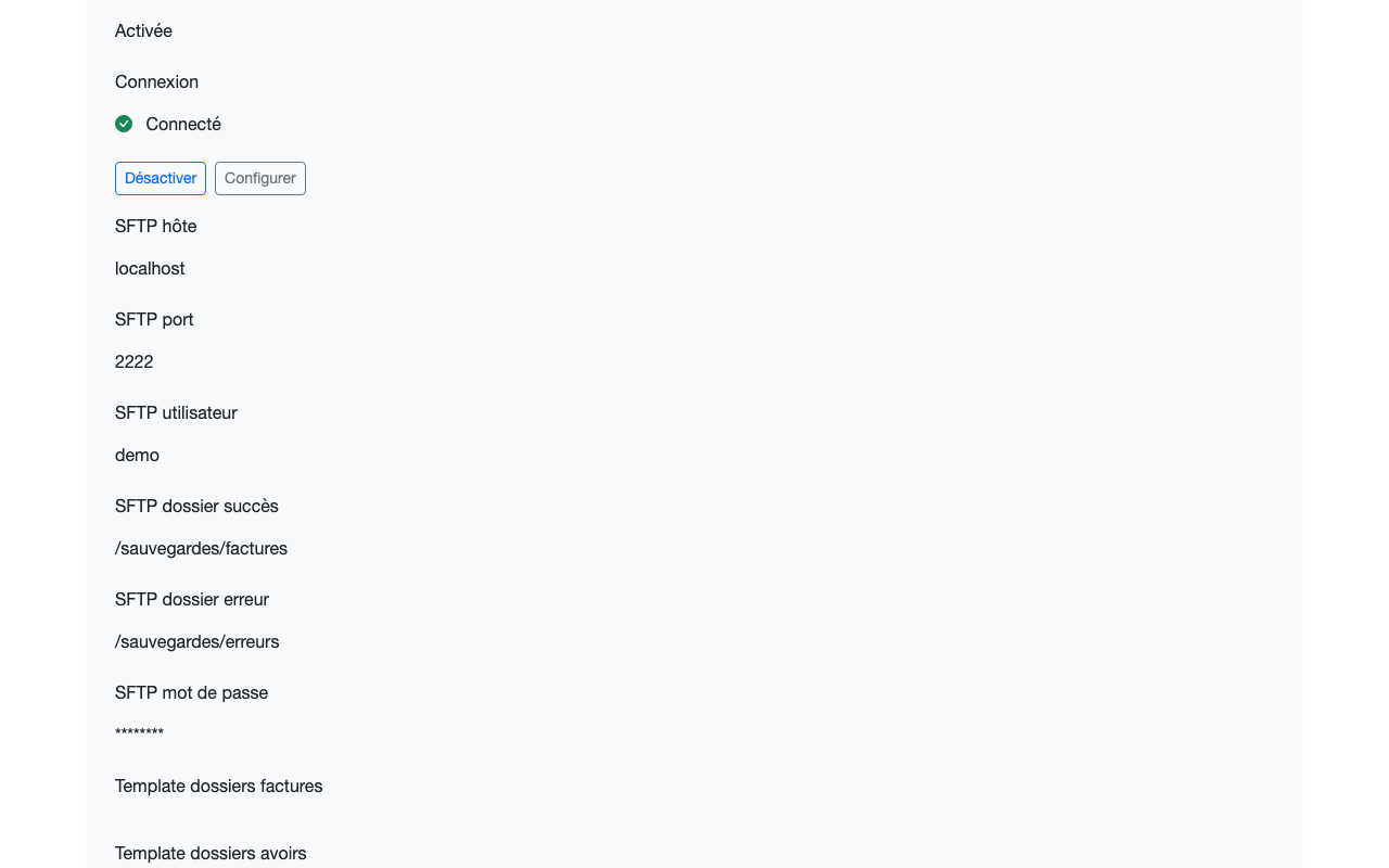 Sauvegarde SFTP activée et connectée