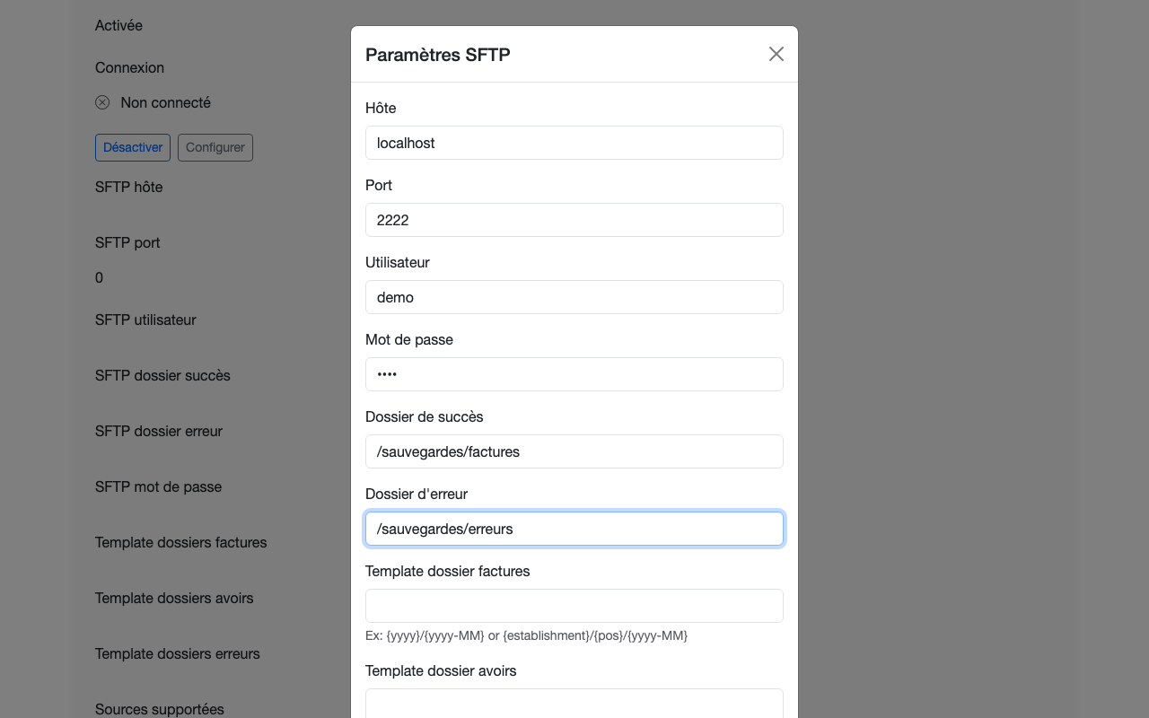 Paramètres SFTP : connexion et dossiers de dépôt