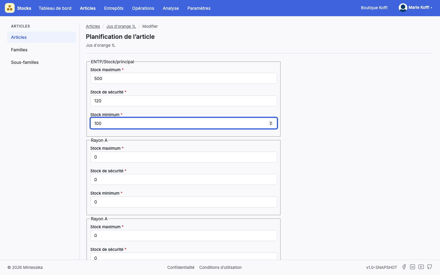 La planification d'un article : stock maximum, de sécurité et minimum par emplacement