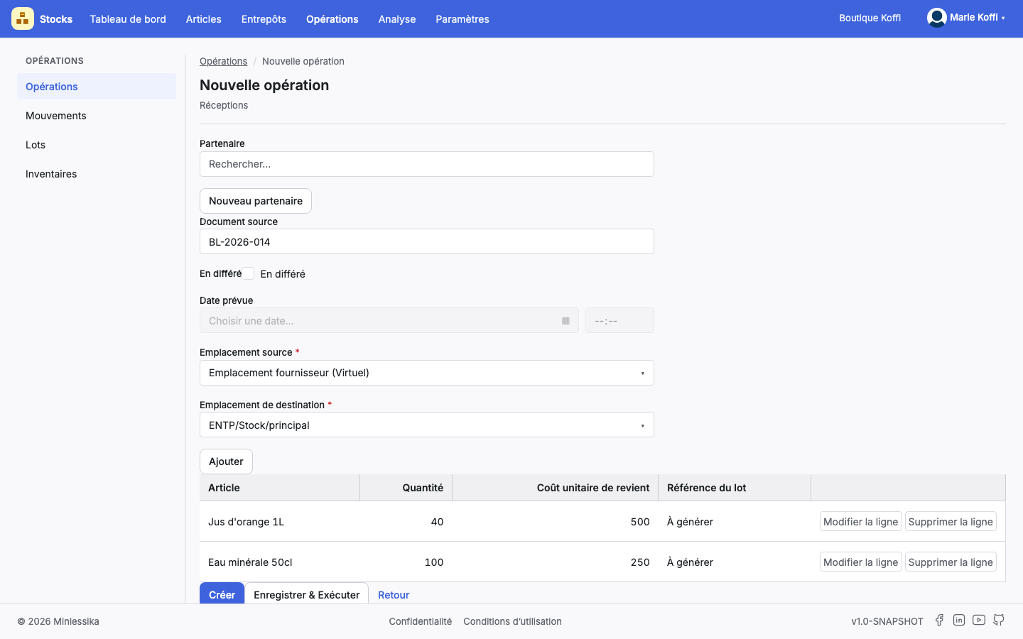 Le formulaire d'une nouvelle réception, avec ses deux lignes d'articles