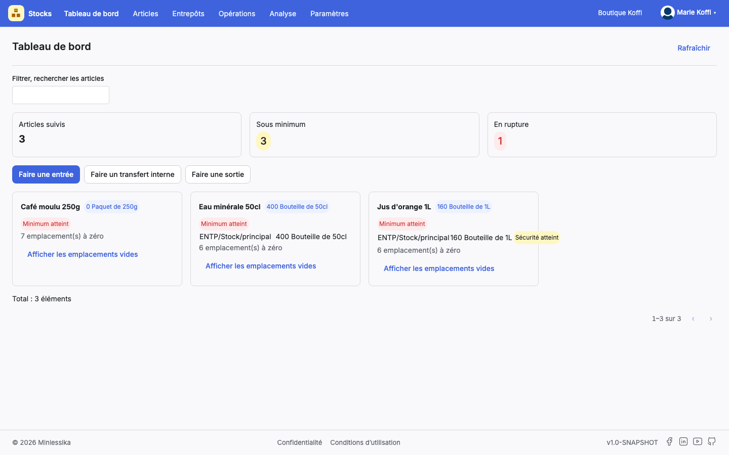Le tableau de bord après l'entrée : les quantités des articles reçus ont augmenté