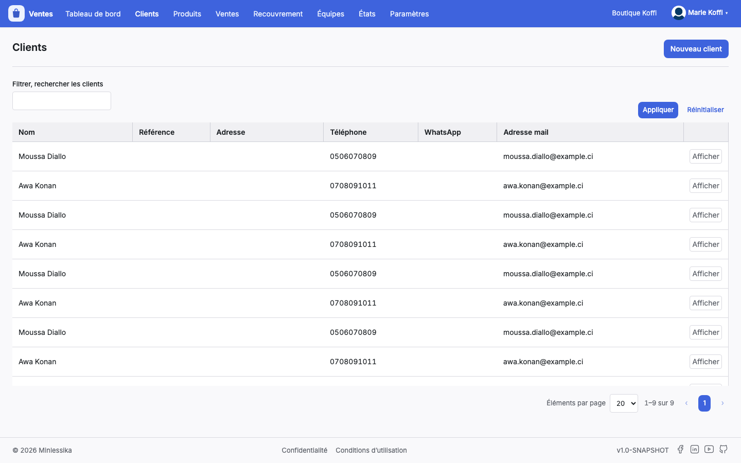 La liste des clients : nom, référence, adresse, téléphone et adresse mail, avec le bouton Nouveau client