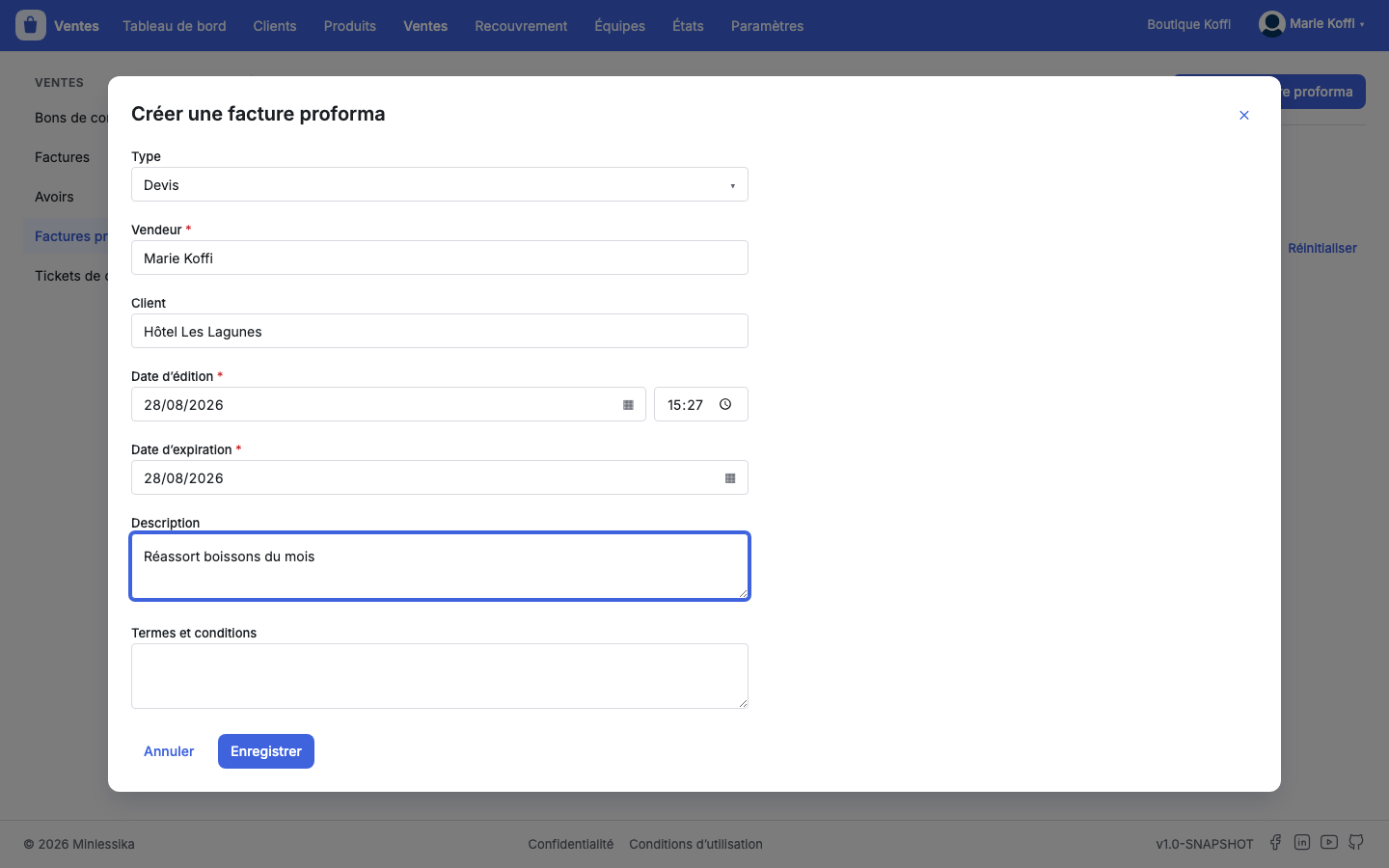 La fenêtre Créer une facture proforma : type, vendeur, client, dates et description