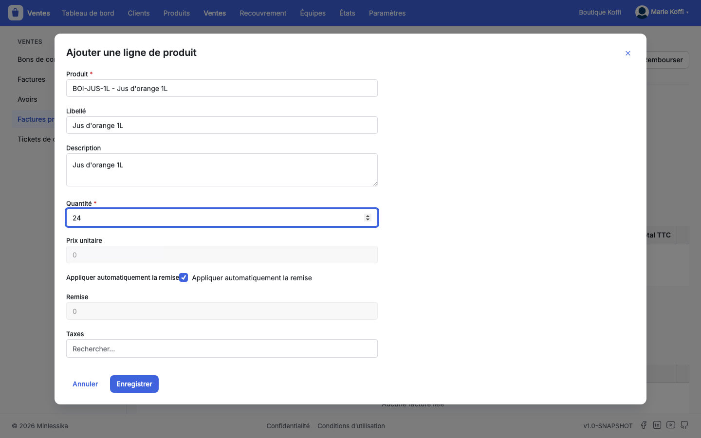 La fenêtre Ajouter une ligne de produit : produit, libellé, quantité, prix unitaire, remise et taxes
