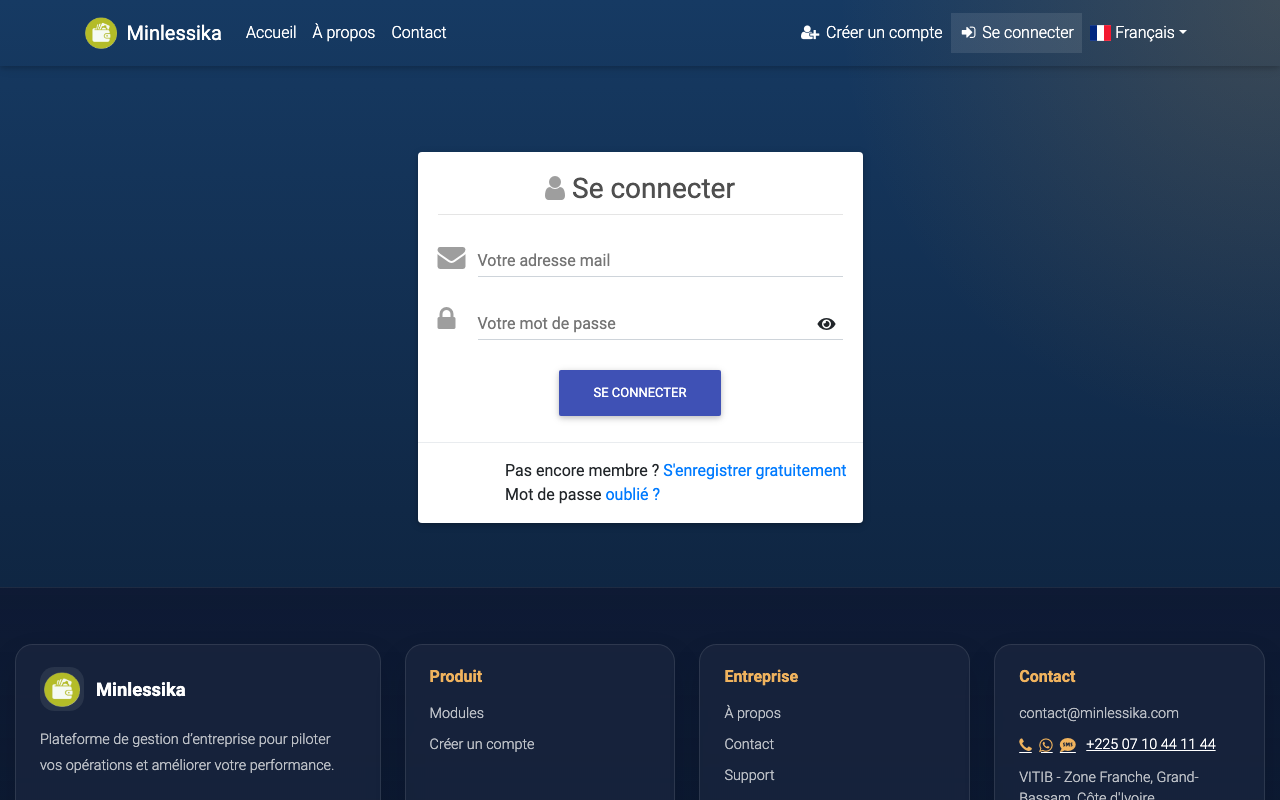 Page de connexion de Minlessika, avec le lien « S'enregistrer gratuitement »