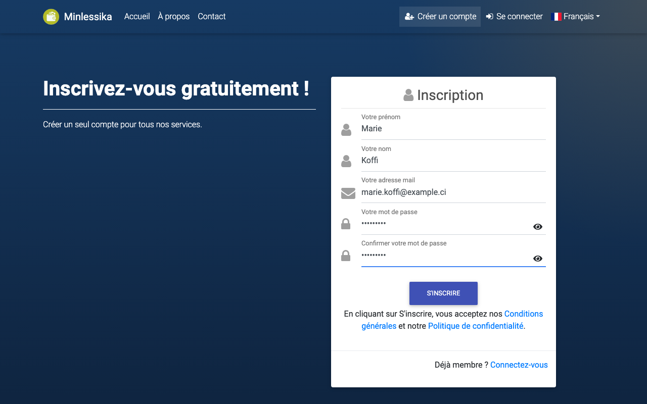 Formulaire d'inscription rempli