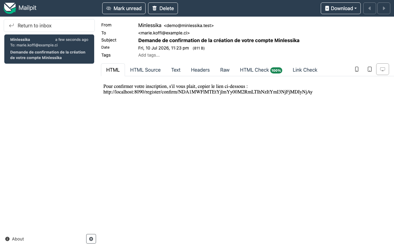 E-mail de confirmation contenant le lien d'activation