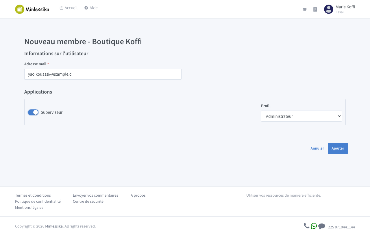Formulaire d'ajout d'un membre, avec une application et son profil