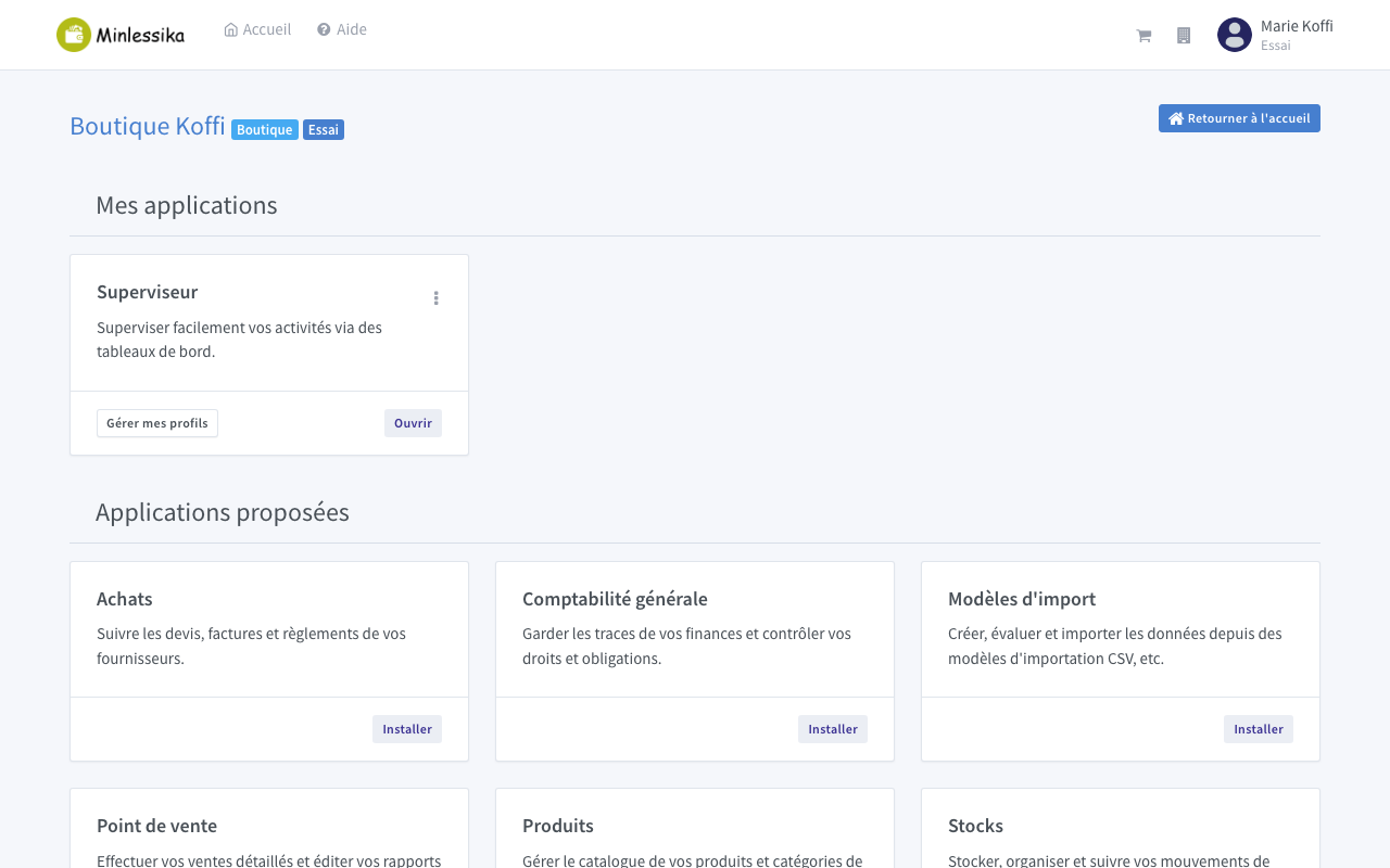 Tableau de bord : applications activées et applications proposées